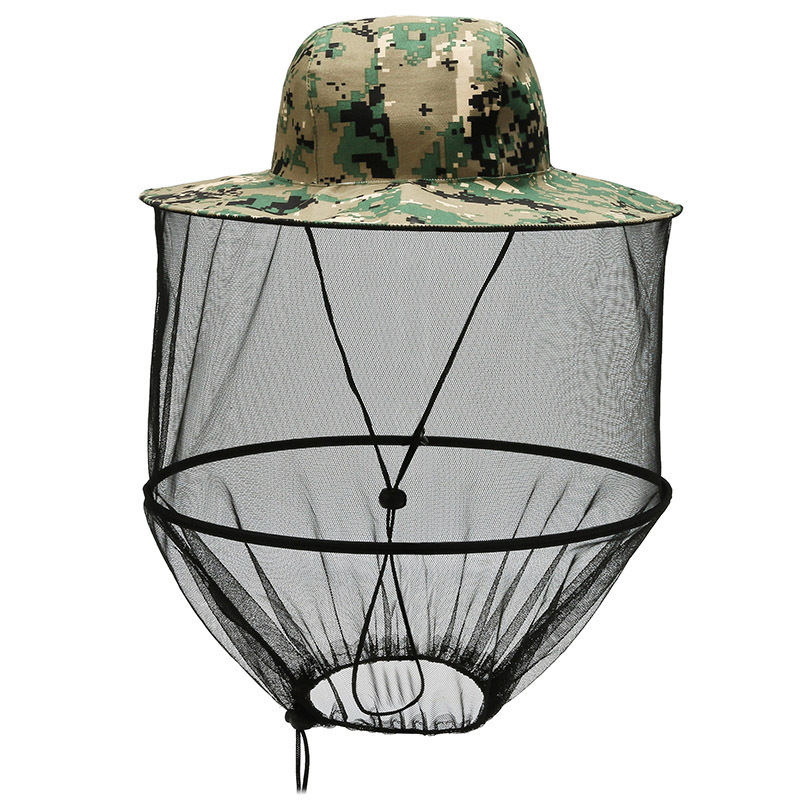 Green camouflage Outdoor Fishing Hat with Mesh Head Net Sun Protection Bucket