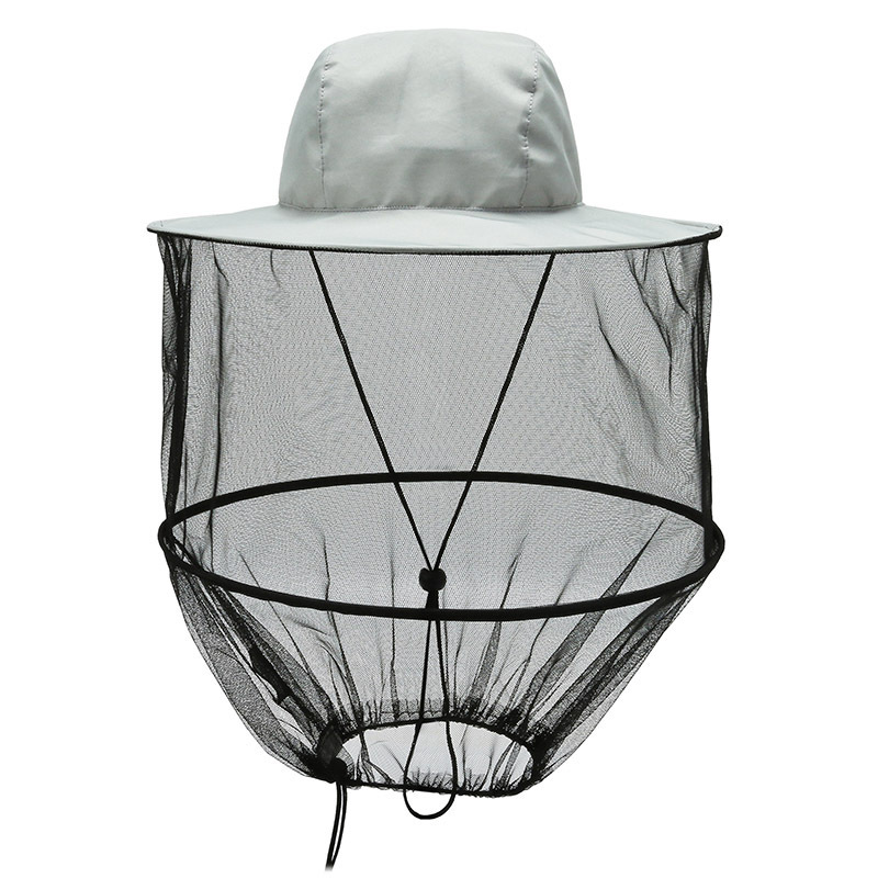Grey Outdoor Fishing Hat with Mesh Head Net Sun Protection Bucket Cap