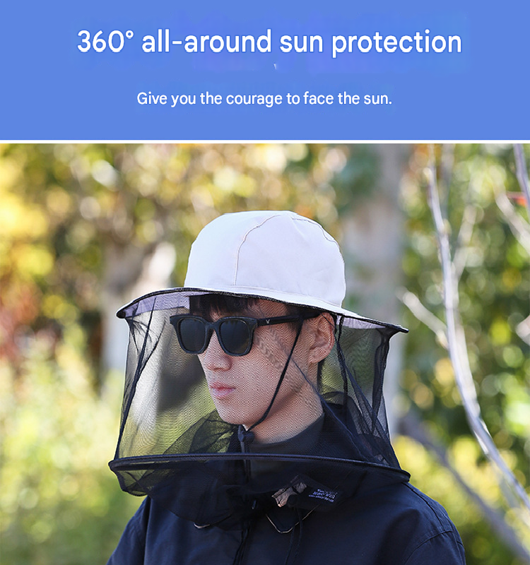 Grey Outdoor Fishing Hat with Mesh Head Net Sun Protection Bucket Cap view 3