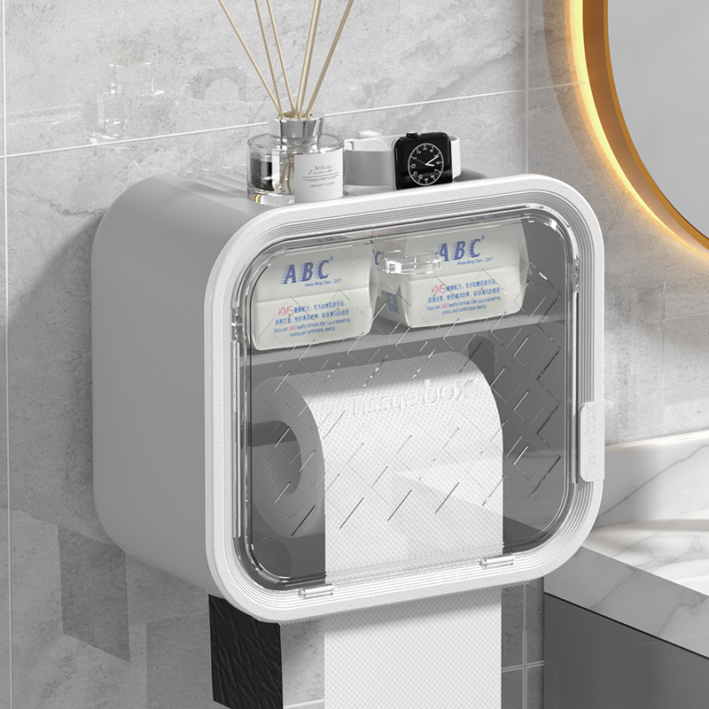 Grey Wall Mounted Dual Layer Bathroom Tissue Box Holder with Storage Drawer