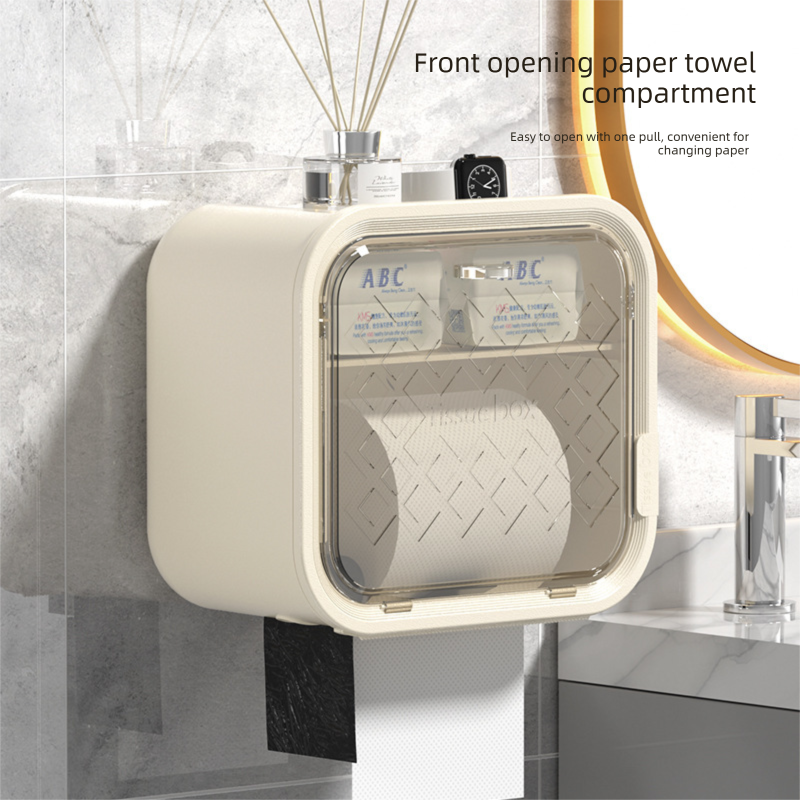 Grey Wall Mounted Dual Layer Bathroom Tissue Box Holder with Storage Drawer view 2