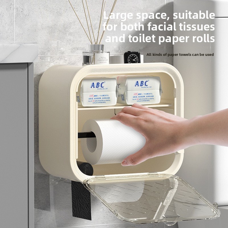 Grey Wall Mounted Dual Layer Bathroom Tissue Box Holder with Storage Drawer view 3