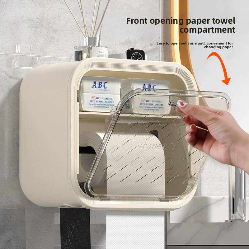 Grey Wall Mounted Dual Layer Bathroom Tissue Box Holder with Storage Drawer view 5