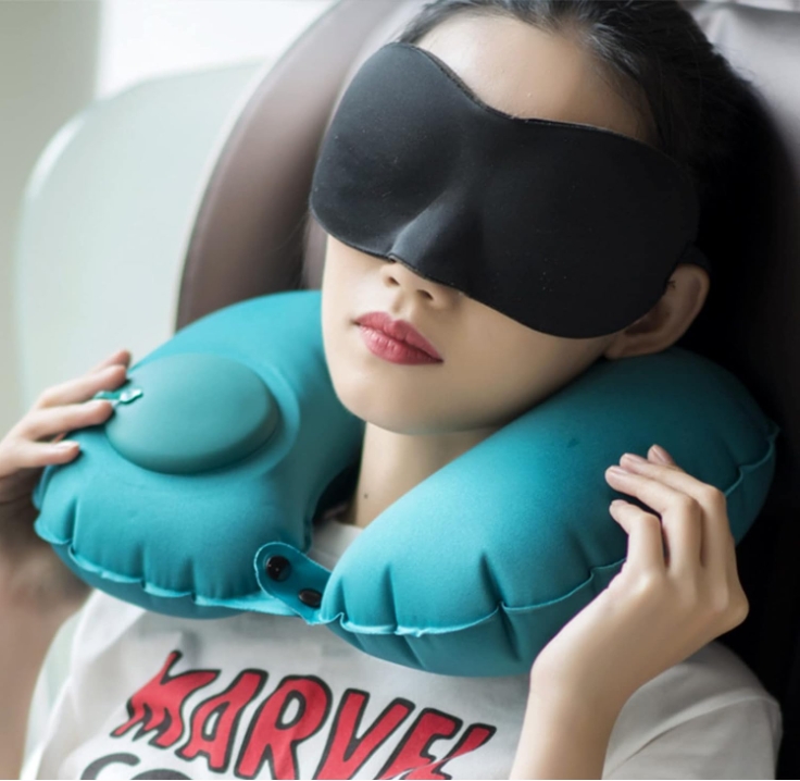 2-PCS Green Inflatable Travel Neck Pillow Press to Inflate U-Shape Soft view 3