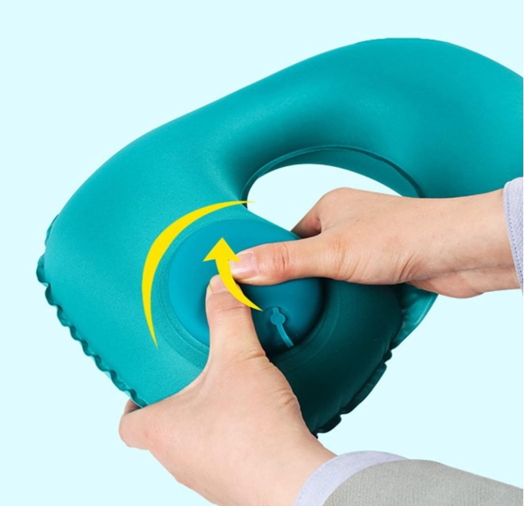 2-PCS Medium blue Inflatable Travel Neck Pillow Press to Inflate U-Shape Soft view 2