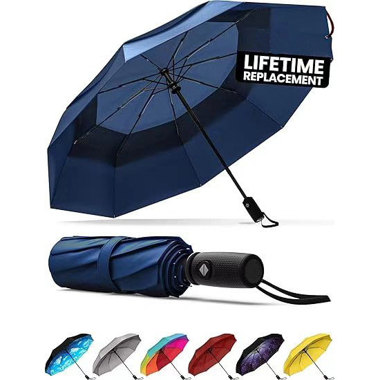 Blue Automatic Windproof Travel Umbrella Compact Folding Umbrella Auto Open
