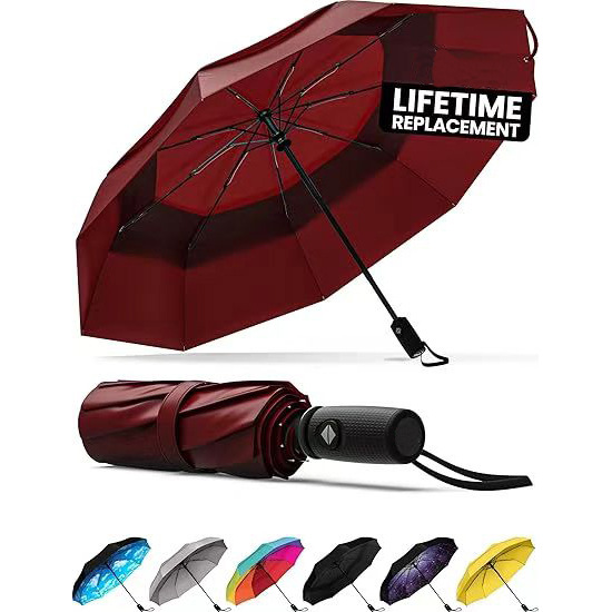 Red Automatic Windproof Travel Umbrella Compact Folding Umbrella Auto Open and