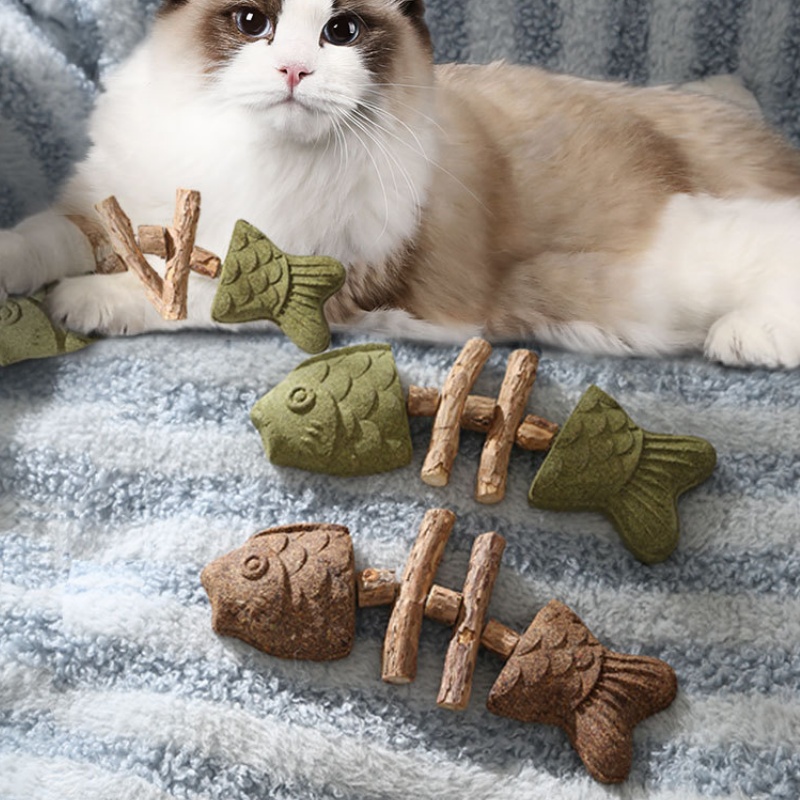 Brown and green 5 Pack Cat Catnip Toys Fish Bone Shaped Silvervine Chew Sticks view 4