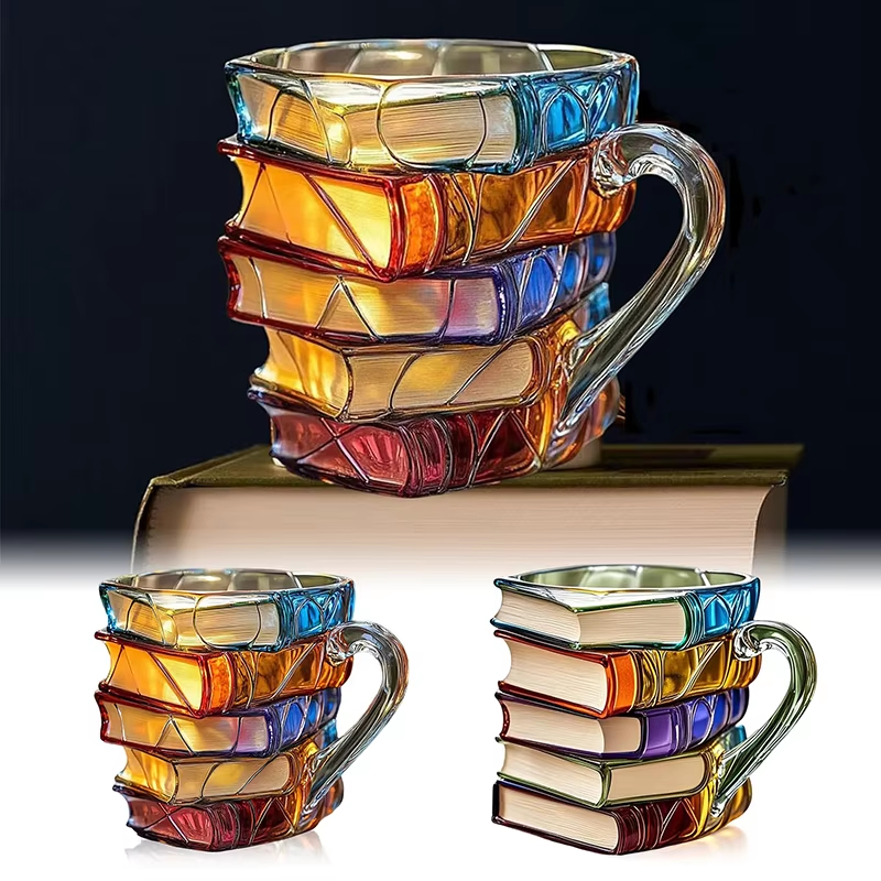 3D Book Stack Resin Mug with Spoon Creative Library Bookshelf Design Coffee view 2