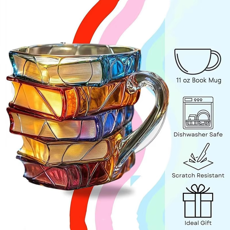 3D Book Stack Resin Mug with Spoon Creative Library Bookshelf Design Coffee view 3