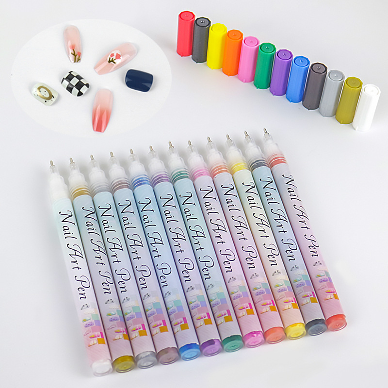 Nail Art Marker Pen Set 12 Colors 0.5mm Fine Tip Easy Application Water-Based