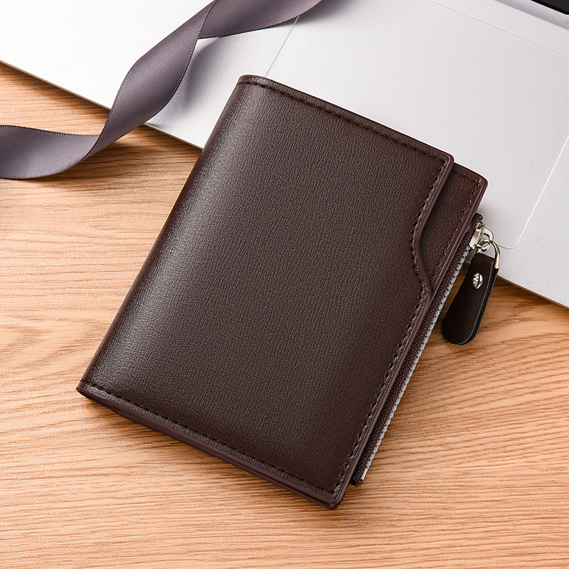 Coffee color Men's Compact Wallet – Multi-Card Holder with Zippered Coin Pocket