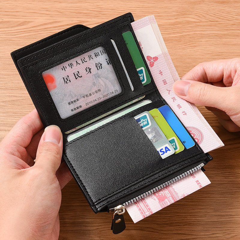Coffee color Men's Compact Wallet – Multi-Card Holder with Zippered Coin Pocket view 2