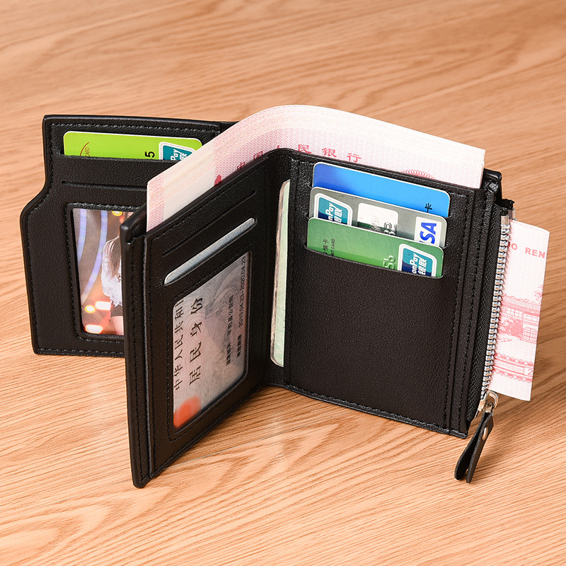 Coffee color Men's Compact Wallet – Multi-Card Holder with Zippered Coin Pocket view 3