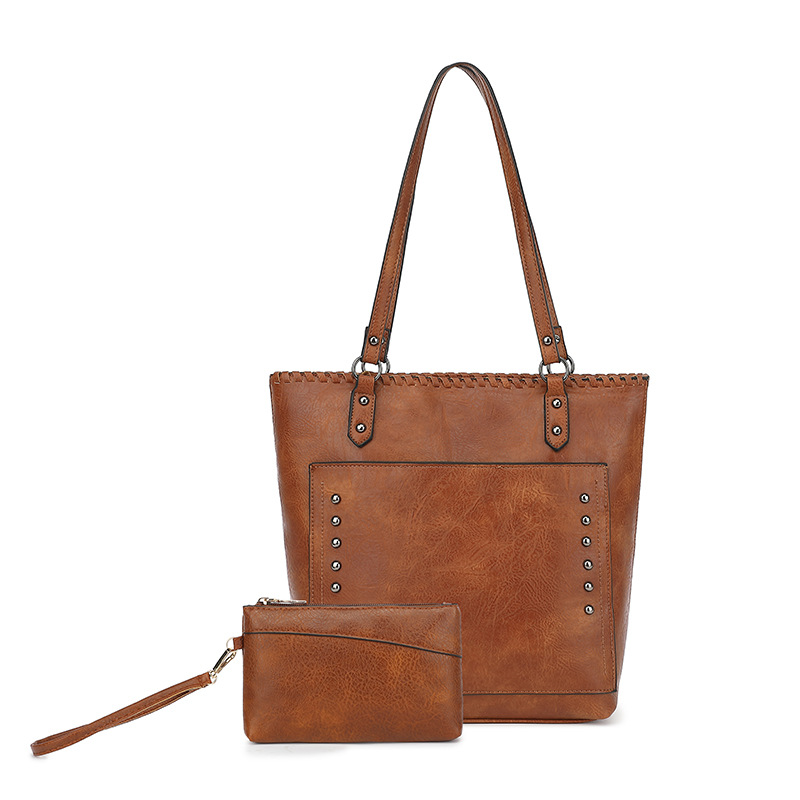 Brown Minimalist Large Capacity Tote Bag with Detachable Pouch – Soft PU