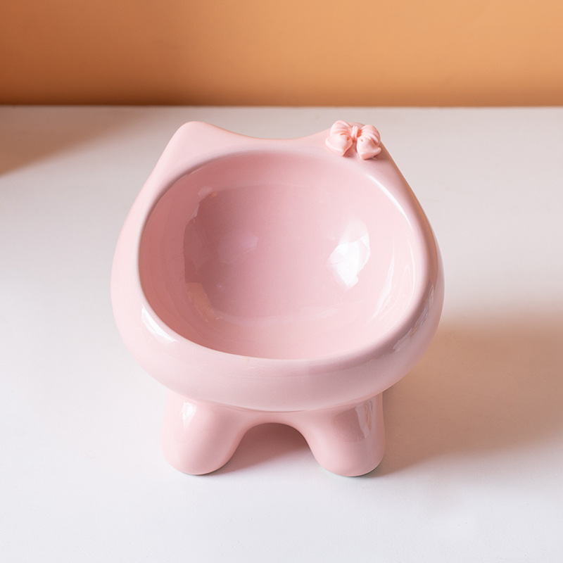 Pink Ceramic Elevated Cat Bowl Tilted Raised Pet Feeder with Anti-Slip Base