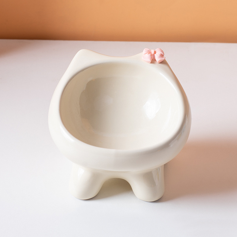 Beige Ceramic Elevated Cat Bowl Tilted Raised Pet Feeder with Anti-Slip Base