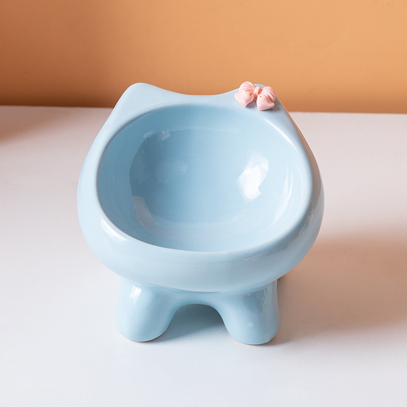Blue Ceramic Elevated Cat Bowl Tilted Raised Pet Feeder with Anti-Slip Base