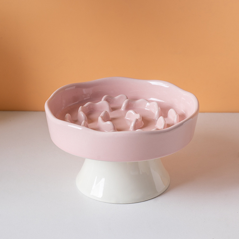 Pink Ceramic Elevated Slow Feeder Bowl Raised Pet Dish 310ml Anti-Vomit Puzzle