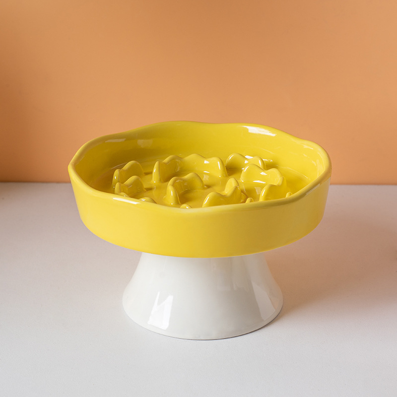 Yellow Ceramic Elevated Slow Feeder Bowl Raised Pet Dish 310ml Anti-Vomit