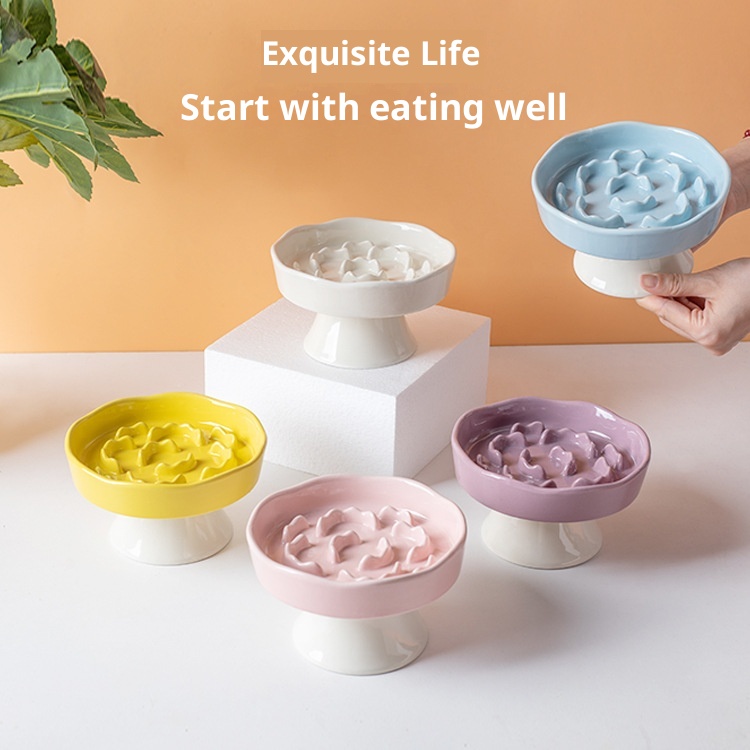 Yellow Ceramic Elevated Slow Feeder Bowl Raised Pet Dish 310ml Anti-Vomit view 2