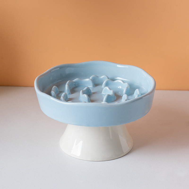 Blue Ceramic Elevated Slow Feeder Bowl Raised Pet Dish 310ml Anti-Vomit Puzzle