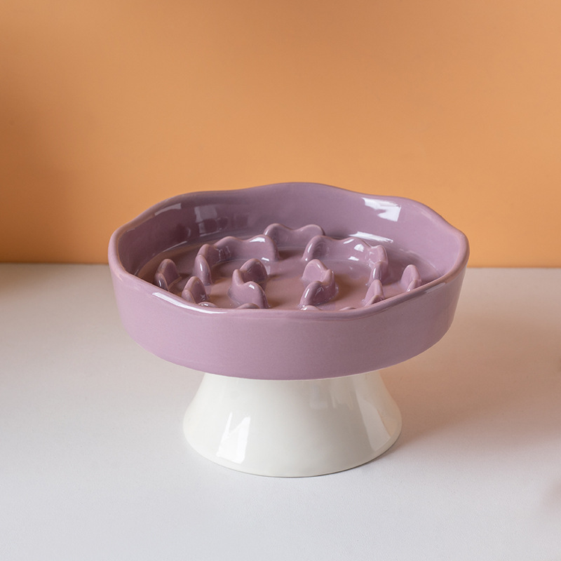Purple Ceramic Elevated Slow Feeder Bowl Raised Pet Dish 310ml Anti-Vomit