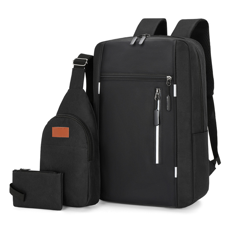 Black 3 Piece Mens Backpack Set with Sling Bag and Pouch USB Charging Port