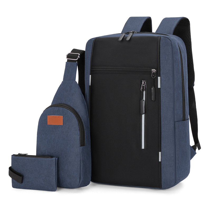 Blue 3 Piece Mens Backpack Set with Sling Bag and Pouch USB Charging Port