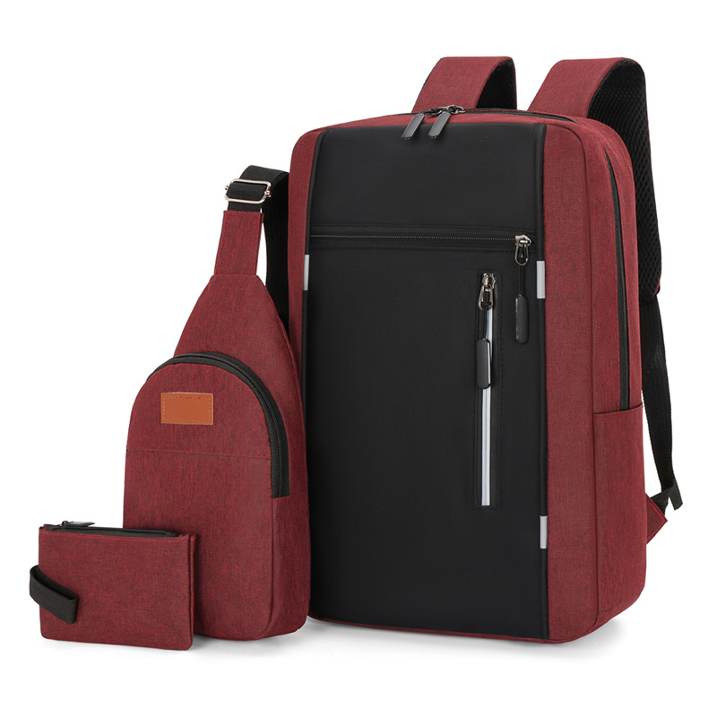 Red 3 Piece Mens Backpack Set with Sling Bag and Pouch USB Charging Port Large