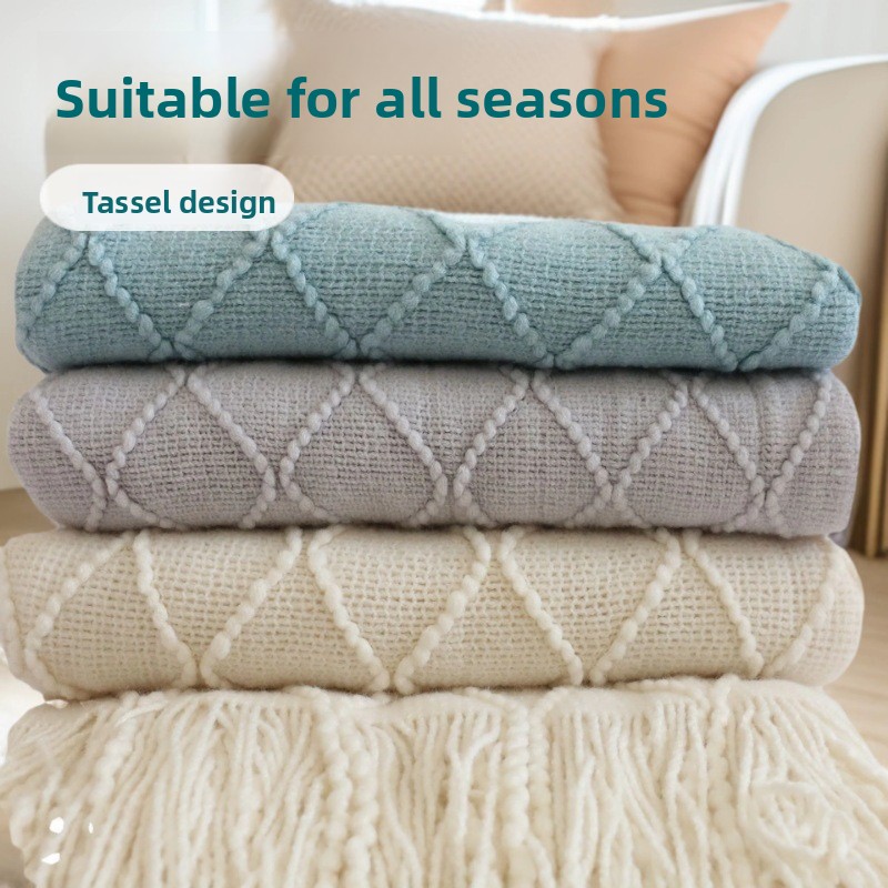 Lake blue Nordic Knitted Throw Blanket with Tassels 130x230cm Soft Acrylic view 3