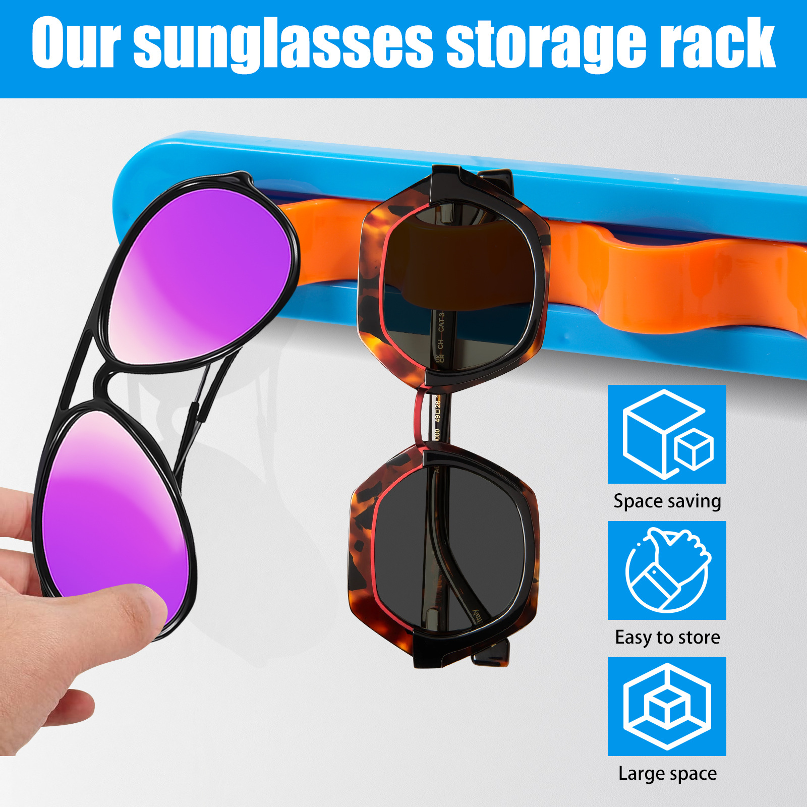 2 Pack Blue Acrylic Sunglasses Holder Wall Mounted Glasses Organizer Rack view 3