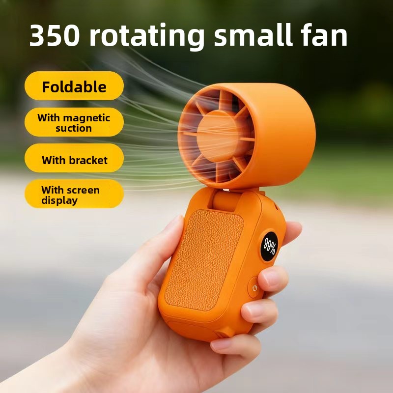 Orange Portable Handheld Fan 350 Degree Rotation Foldable Neck Hanging Waist view 2