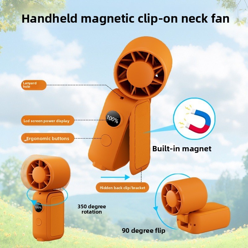 Orange Portable Handheld Fan 350 Degree Rotation Foldable Neck Hanging Waist view 5