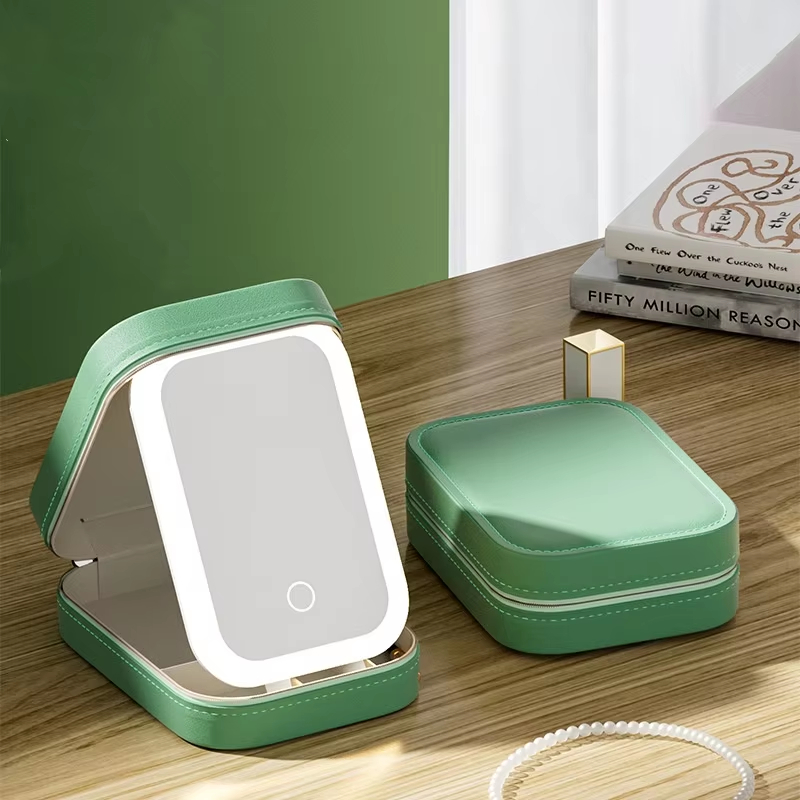 Green Portable LED Makeup Mirror with Jewellery Storage Box Touch Screen