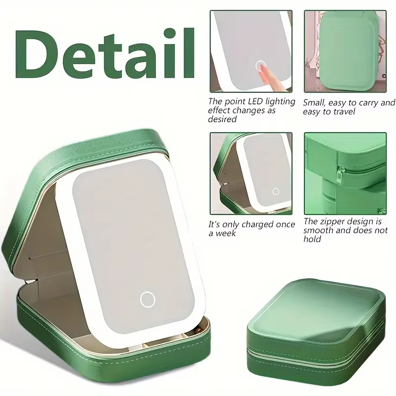 Green Portable LED Makeup Mirror with Jewellery Storage Box Touch Screen view 4