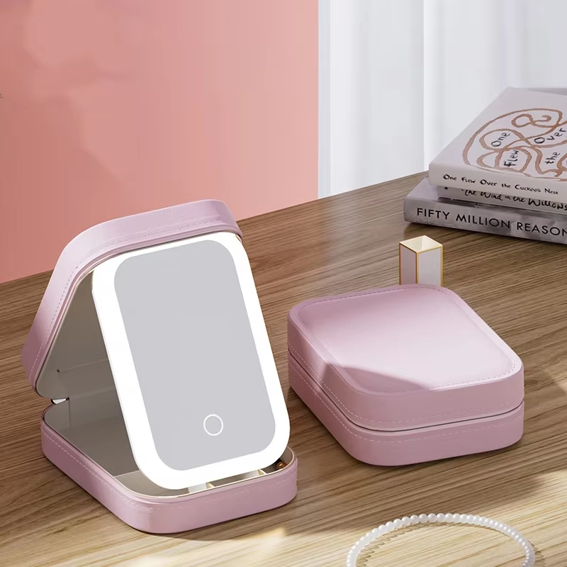 Pink Portable LED Makeup Mirror with Jewellery Storage Box Touch Screen