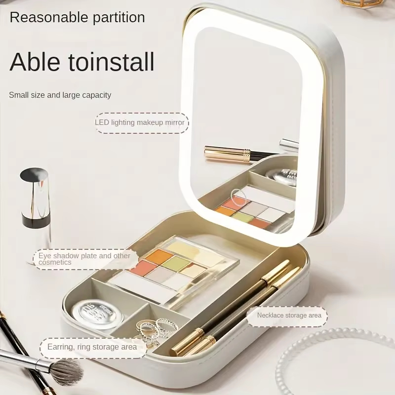 Pink Portable LED Makeup Mirror with Jewellery Storage Box Touch Screen view 3