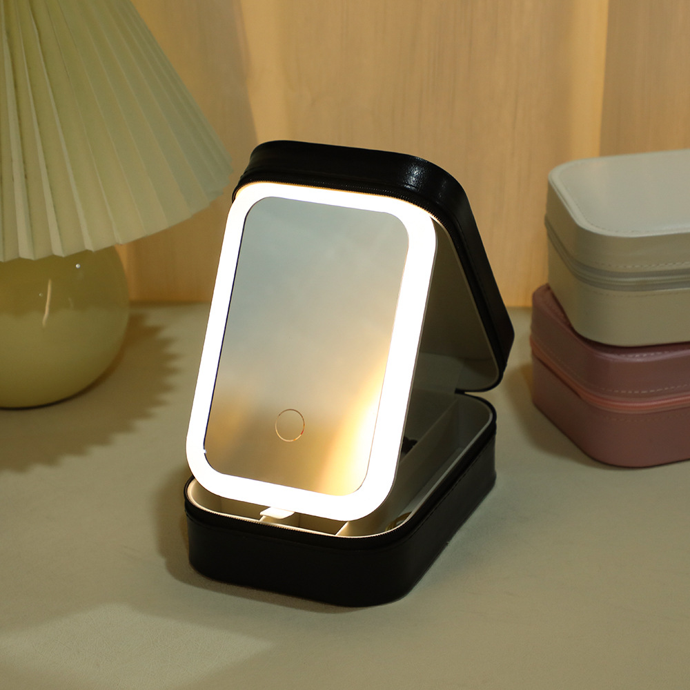 Black Portable LED Makeup Mirror with Jewellery Storage Box Touch Screen
