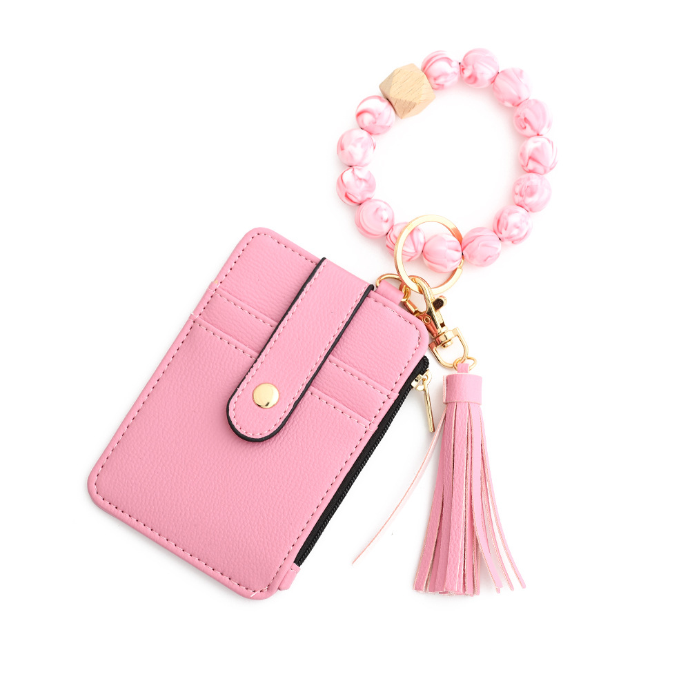 2-PCS Pink Silicone Bead Keychain Bracelet Wallet PU Leather ID Card Holder