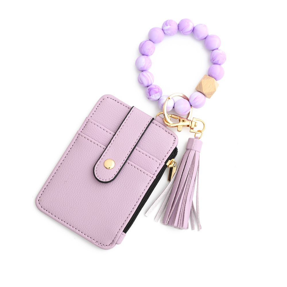 2-PCS Purple Silicone Bead Keychain Bracelet Wallet PU Leather ID Card Holder