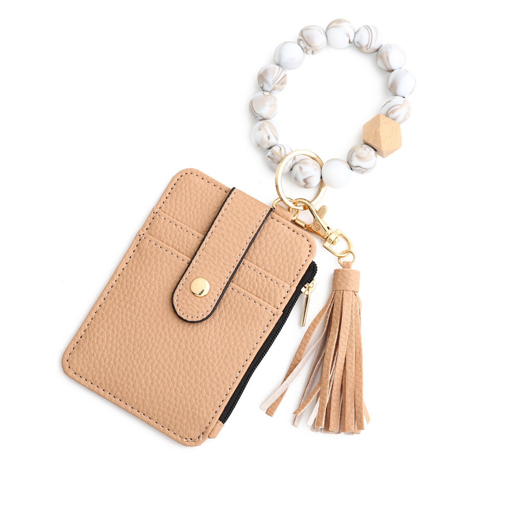 2-PCS Khaki Silicone Bead Keychain Bracelet Wallet PU Leather ID Card Holder