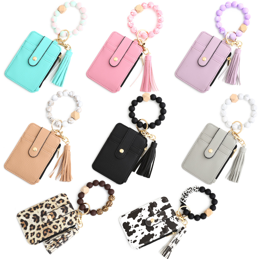 2-PCS Khaki Silicone Bead Keychain Bracelet Wallet PU Leather ID Card Holder view 4