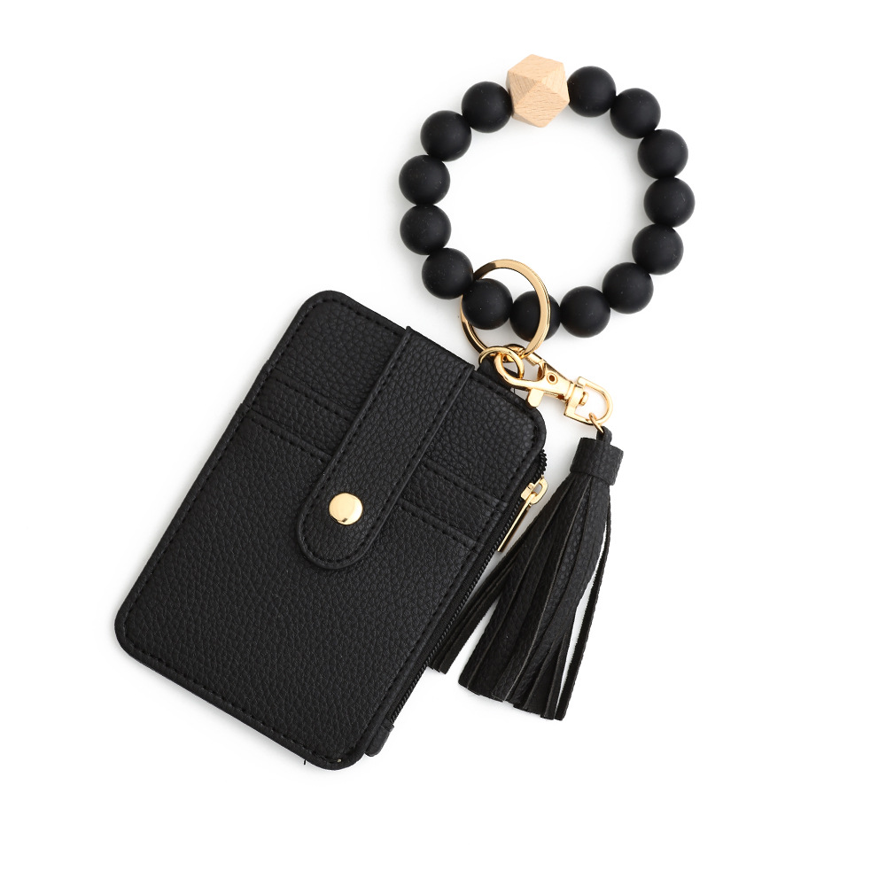 2-PCS Black Silicone Bead Keychain Bracelet Wallet PU Leather ID Card Holder
