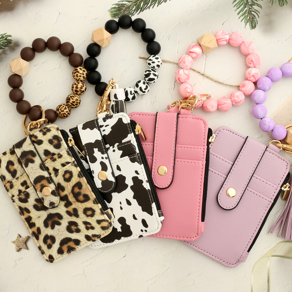 2-PCS Black Silicone Bead Keychain Bracelet Wallet PU Leather ID Card Holder view 3