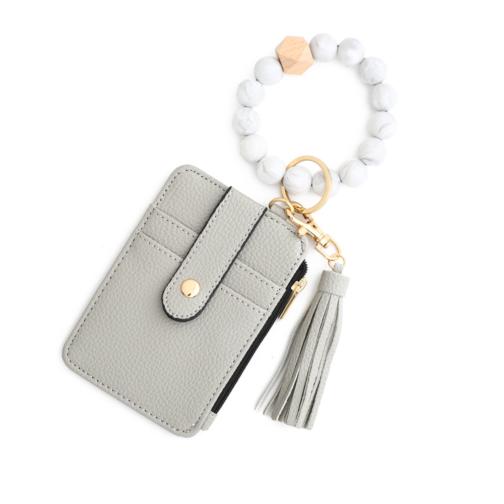 2-PCS Grey Silicone Bead Keychain Bracelet Wallet PU Leather ID Card Holder