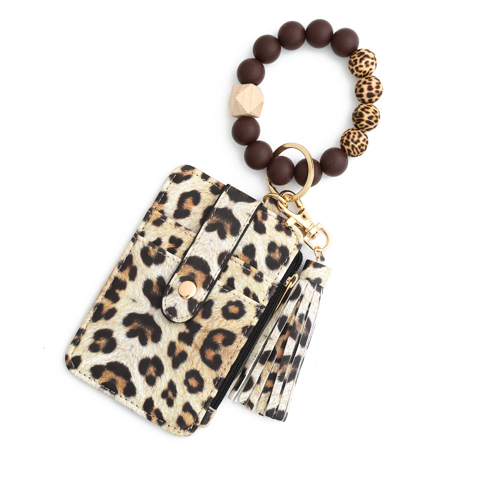 2-PCS Yellow leopard print Silicone Bead Keychain Bracelet Wallet PU Leather