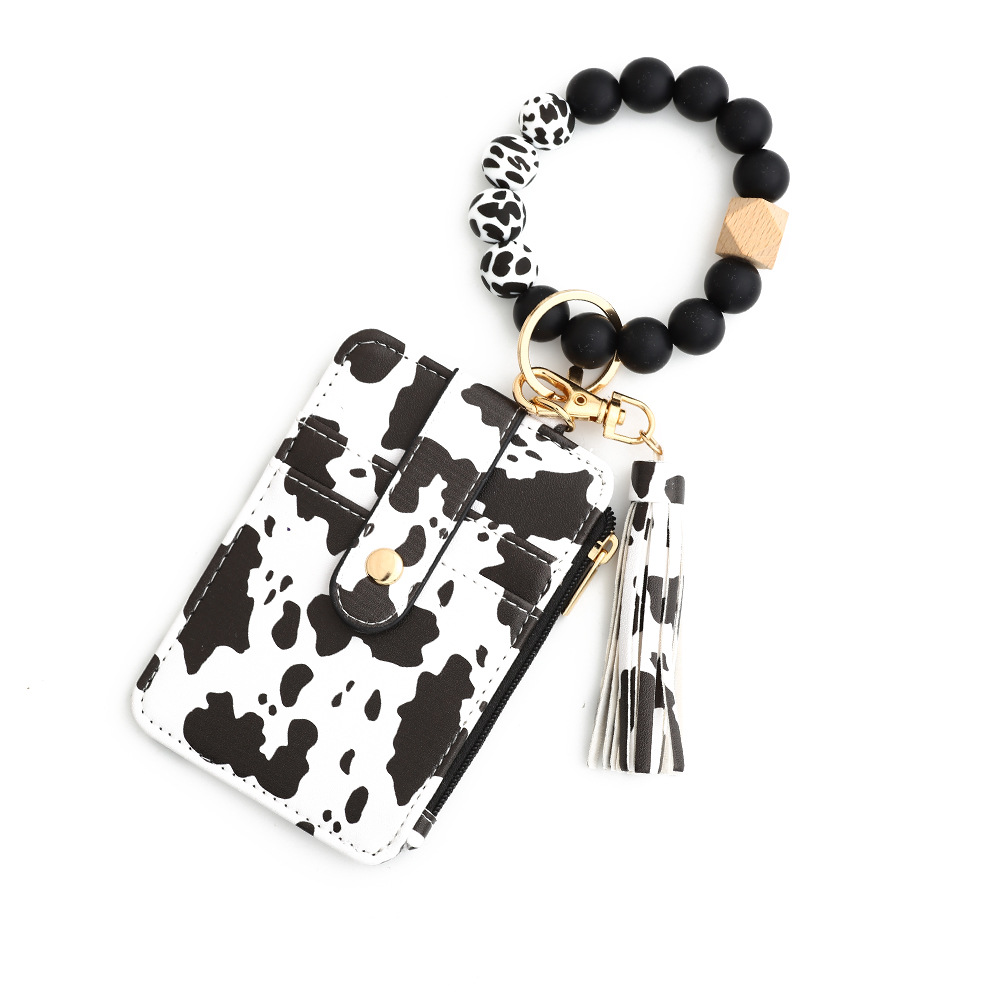 2-PCS Big Cow Silicone Bead Keychain Bracelet Wallet PU Leather ID Card Holder