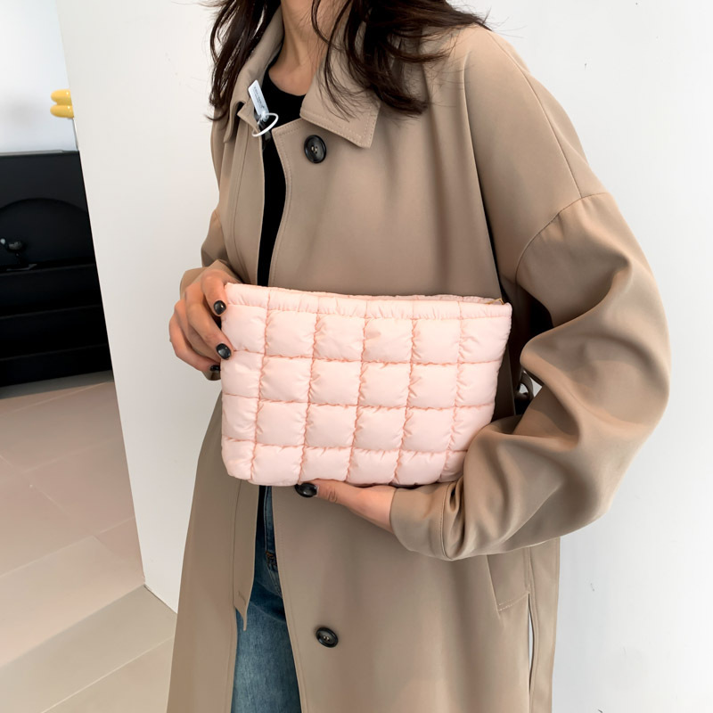 Pink Puffer Makeup Bag Quilted Pouch Cosmetic Organizer Bag Soft Nylon Travel