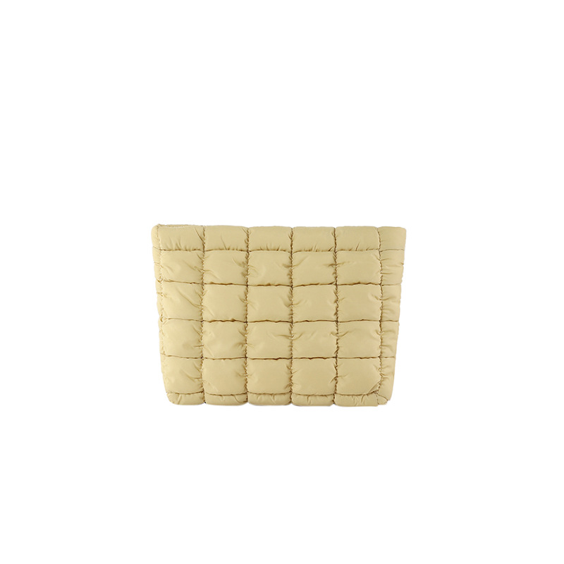 Khaki Puffer Makeup Bag Quilted Pouch Cosmetic Organizer Bag Soft Nylon Travel